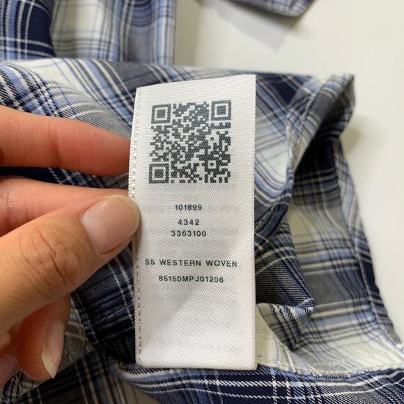 True Religion Shirt Mens 2XL Navy White Cotton Western Yoke Plaid Pearl Snap - Picture 7 of 11